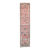Tapis couloir vintage turc Oushak fait à la main en laine et coton rose 84x379