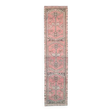 Vintage Turkish Oushak handmade wool cotton pink runner rug 84x379