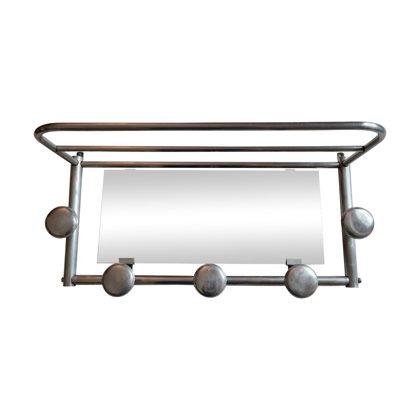 Aluminum wall coat rack with mirror, 5 hooks and a hat holder, 50s