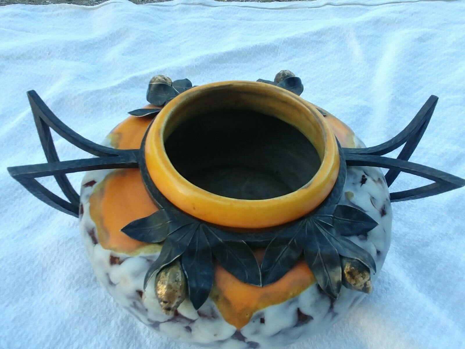 Art Deco ceramic vase wrought iron frame with lemon tree decoration L Date