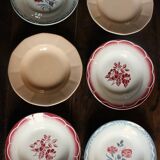 6 mismatched soup plates Digoin Sarreguemines red blue pink