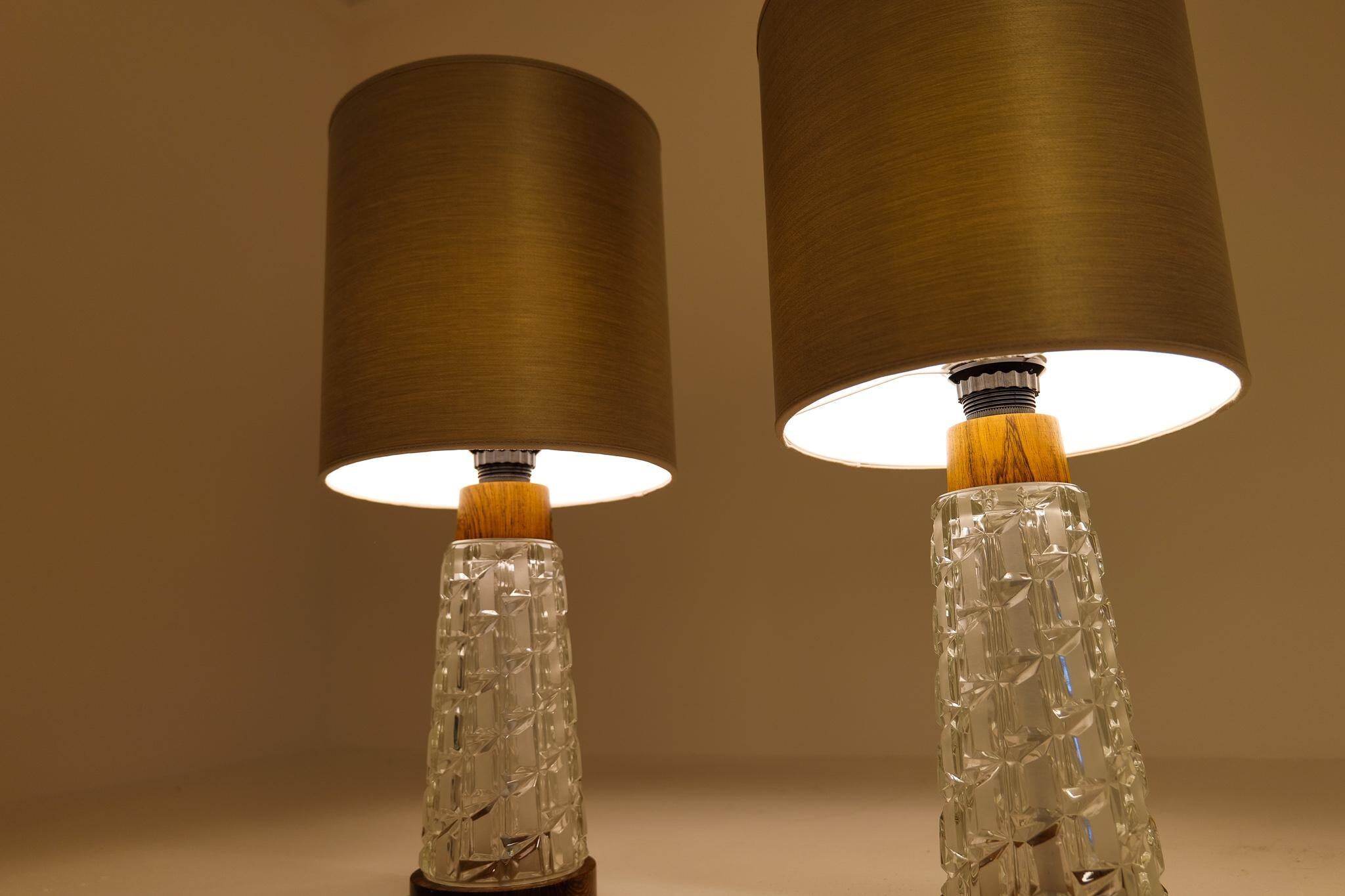 Midcentury table lamps Orrefors teak and glass Sweden