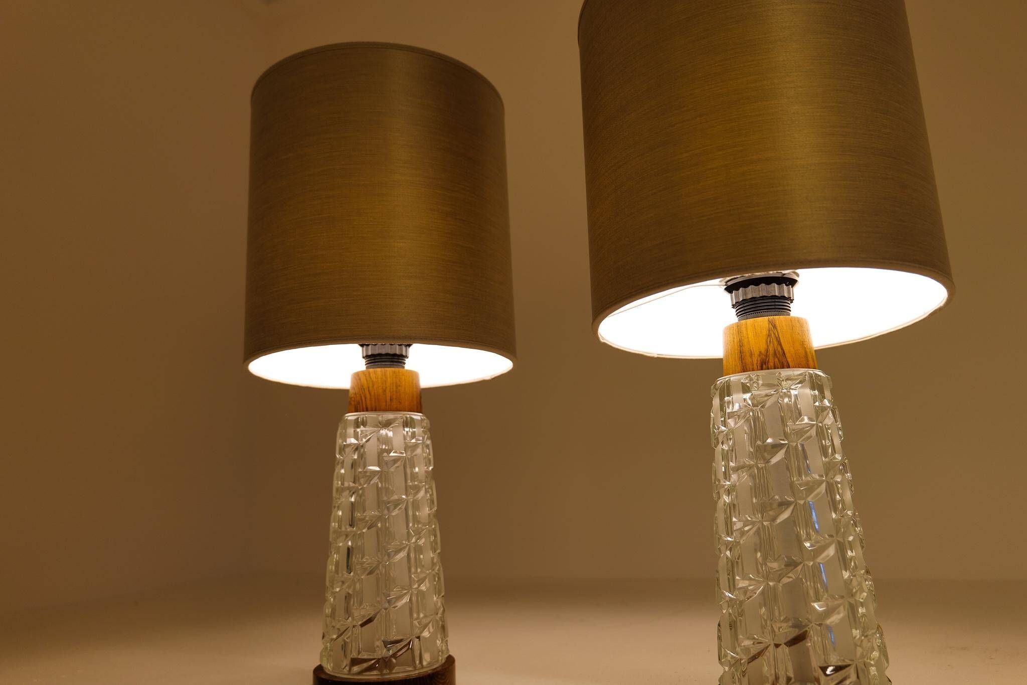 Midcentury table lamps Orrefors teak and glass Sweden