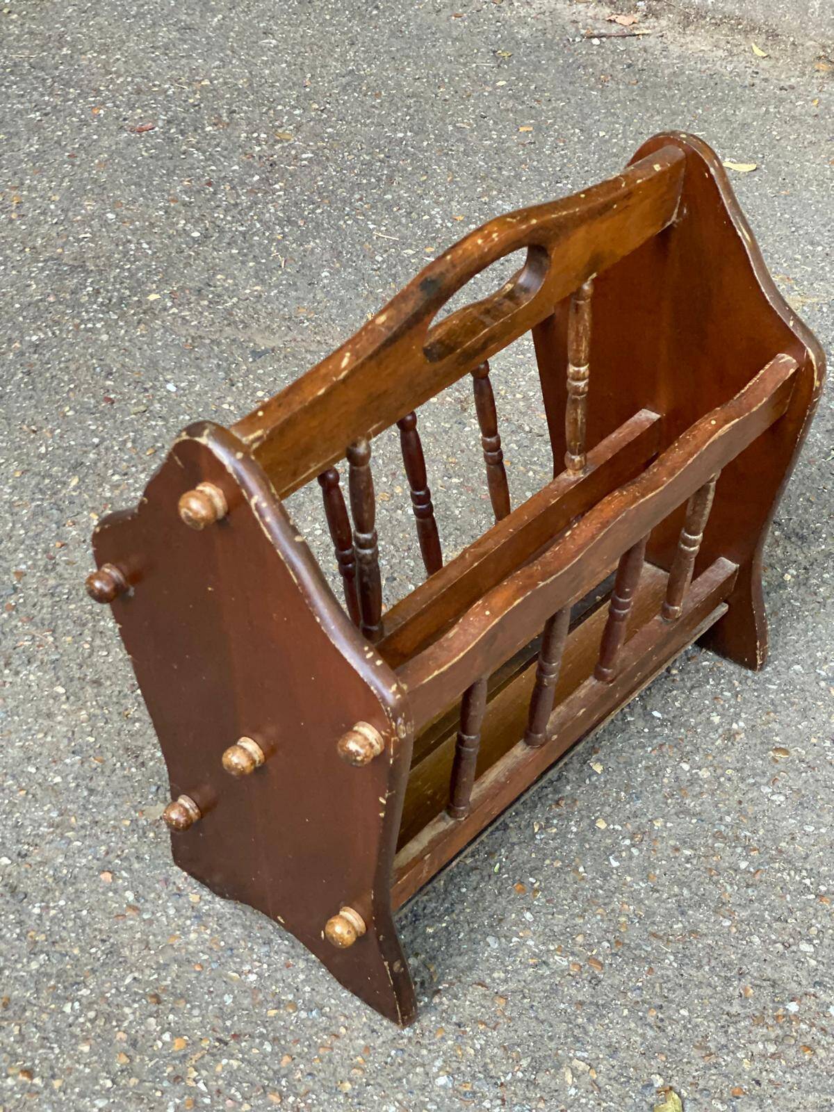 Vintage magazine rack, solid wood document holder with handle