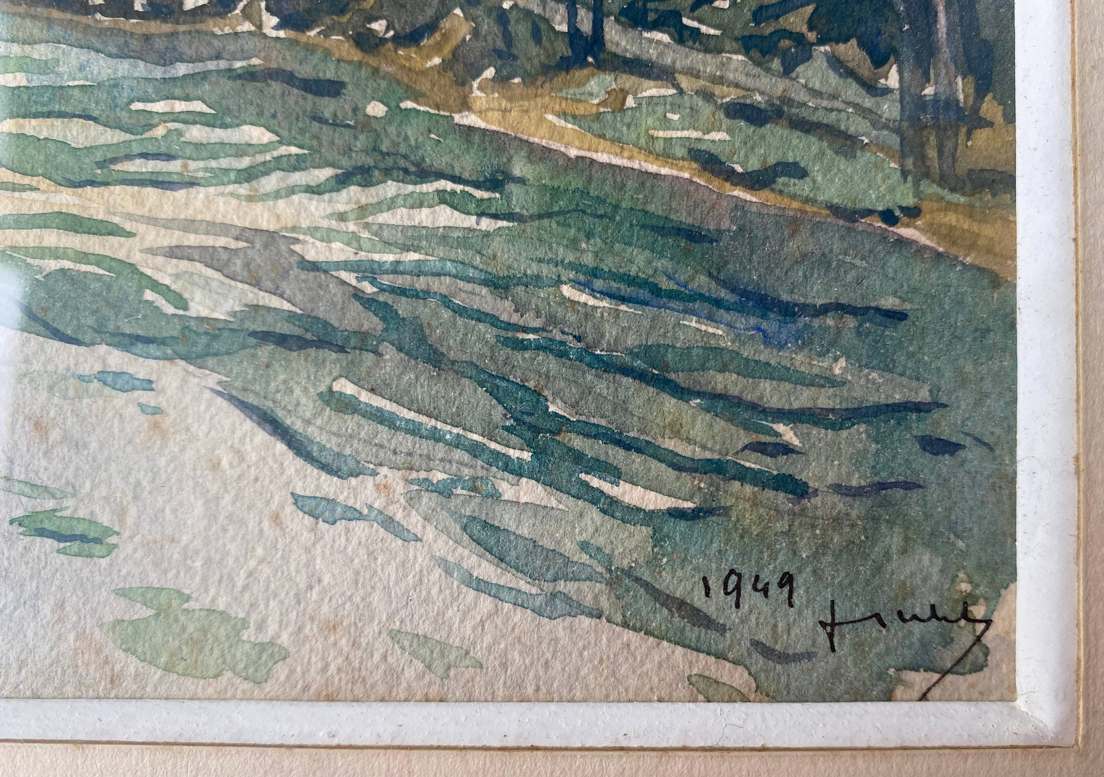 Painting "Tree Riverside Landscape" Watercolor signed dated 1949