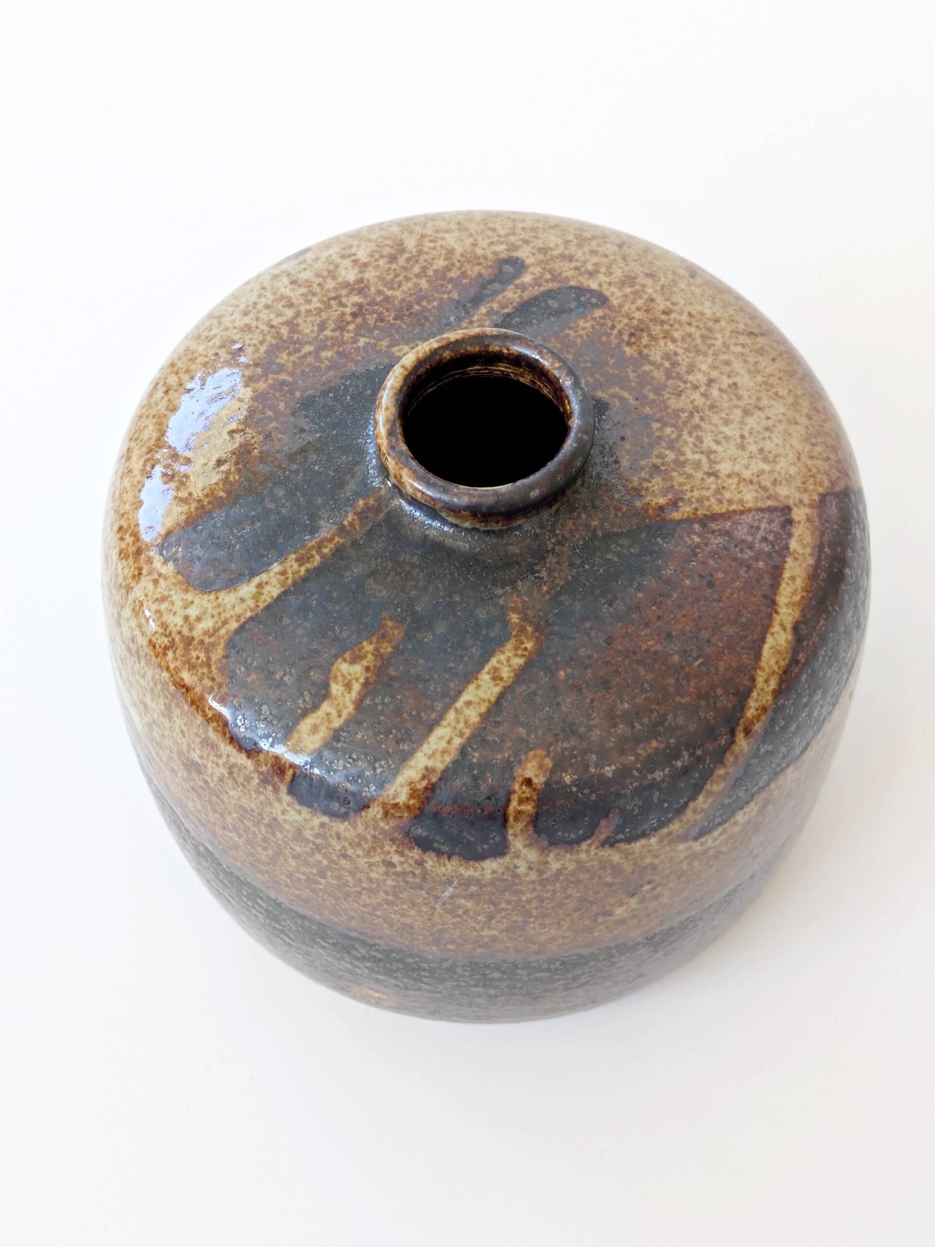 Round stoneware vase, brown and cream glaze, vintage handmade pottery