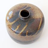 Round stoneware vase, brown and cream glaze, vintage handmade pottery