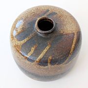 Round stoneware vase, brown and cream glaze, vintage handmade pottery