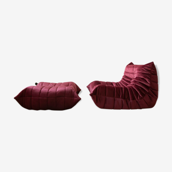 Chair and ottoman in burgundy velvet model designed by Michel Ducaroy 1973