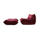 Chair and ottoman in burgundy velvet model designed by Michel Ducaroy 1973