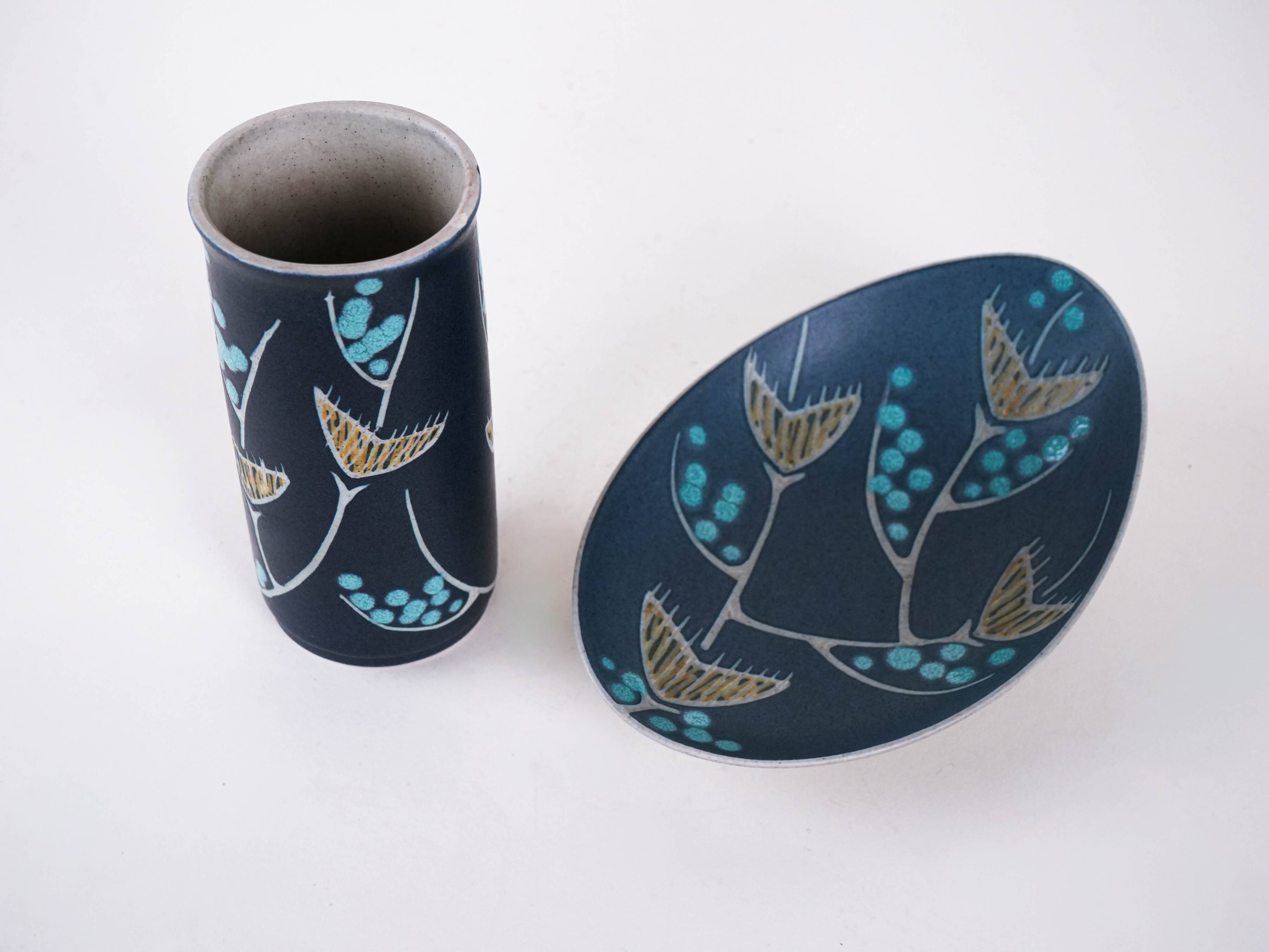 Ensemble de vase et plat en céramique, design danois, années 1970, designers : N. Backha