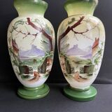 Pair of large hand-decorated opaline vases with marks on the heel – Napoleon III