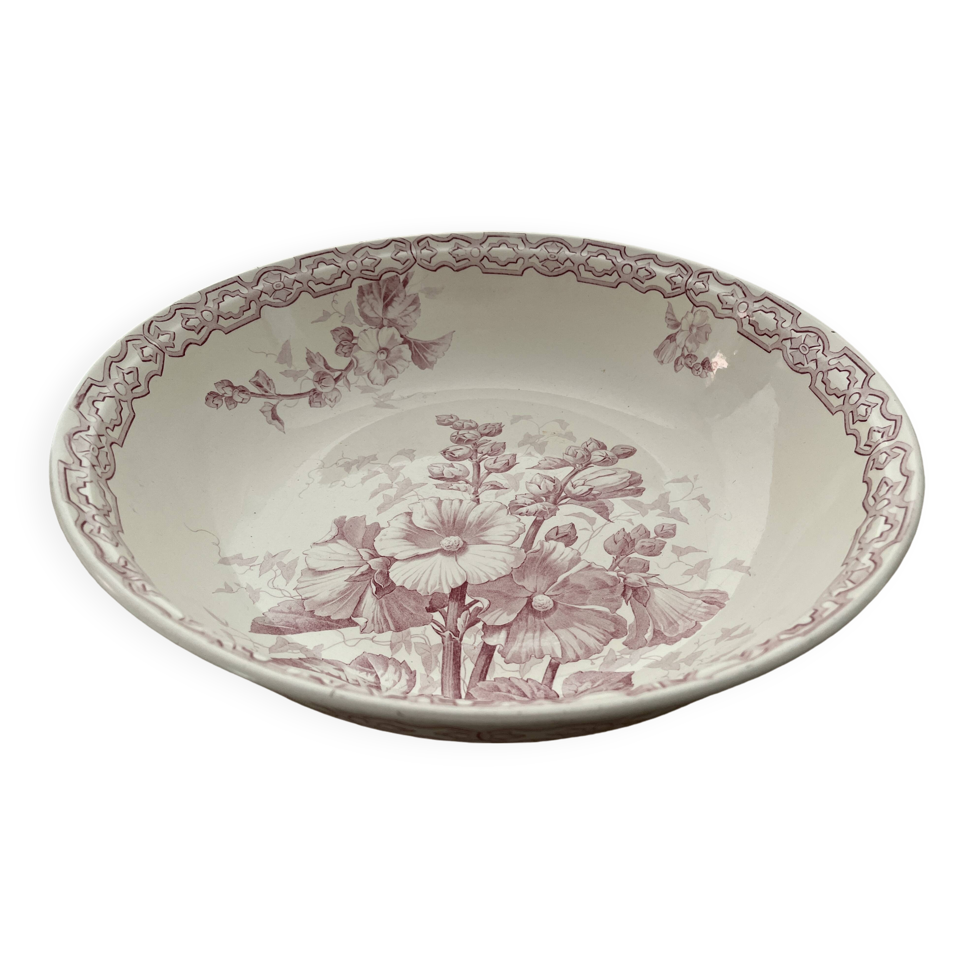 Large porcelain salad bowl, hollyhock decoration, Terre de Fer