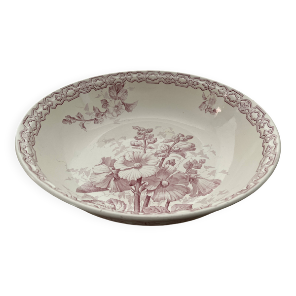 Grand saladier en porcelaine, décor rose trémière, Terre de Fer