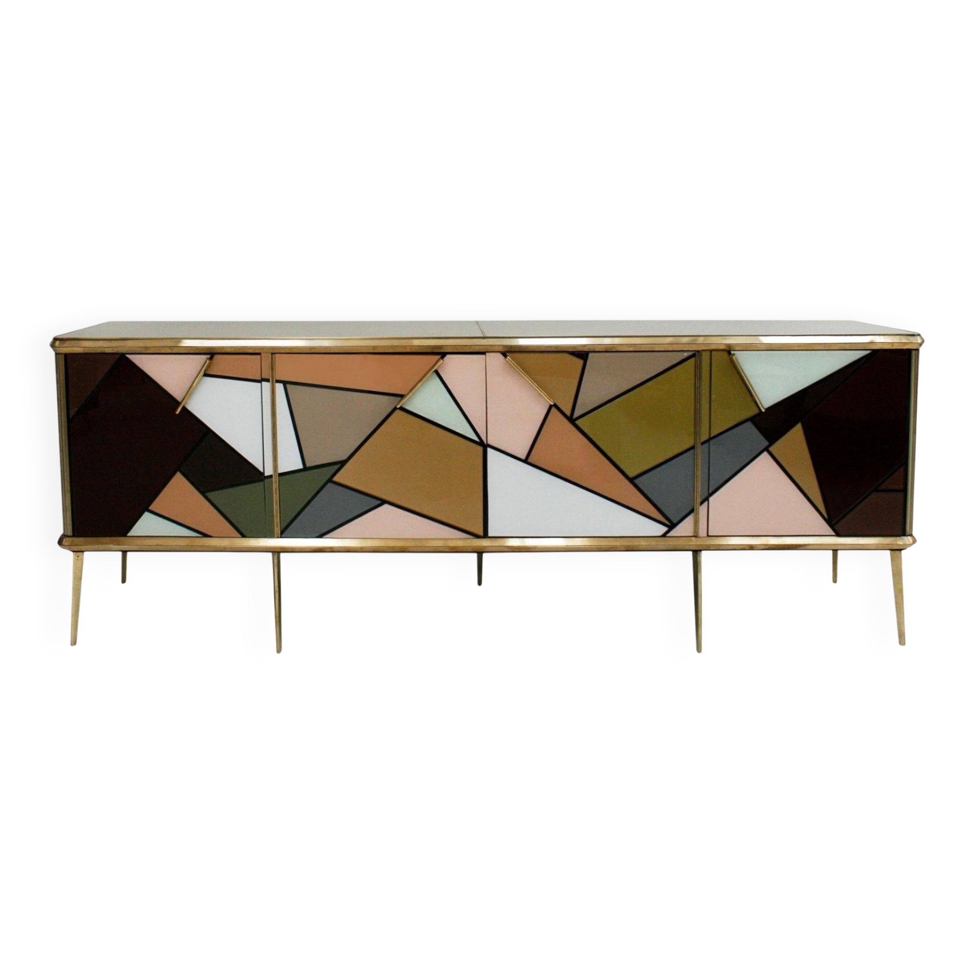 Mid-Century Modern Style Solid Wood Colored Glass and Brass Italian Sideboard