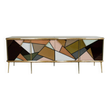 Mid-Century Modern Style Solid Wood Colored Glass and Brass Italian Sideboard