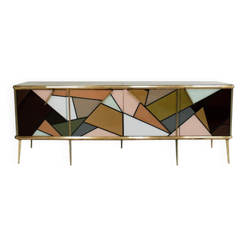 Mid-Century Modern Style Solid Wood Colored Glass and Brass Italian Sideboard