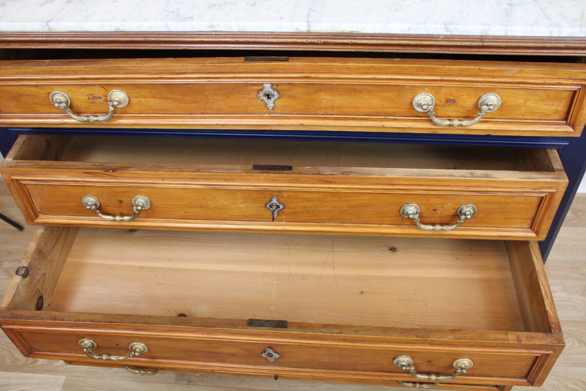 Chest of drawers in oak and gray marble, France 19th century