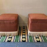 Duo of old pink poufs with fringes