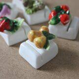 6 porcelain name tags in vintage fruit and vegetable slip