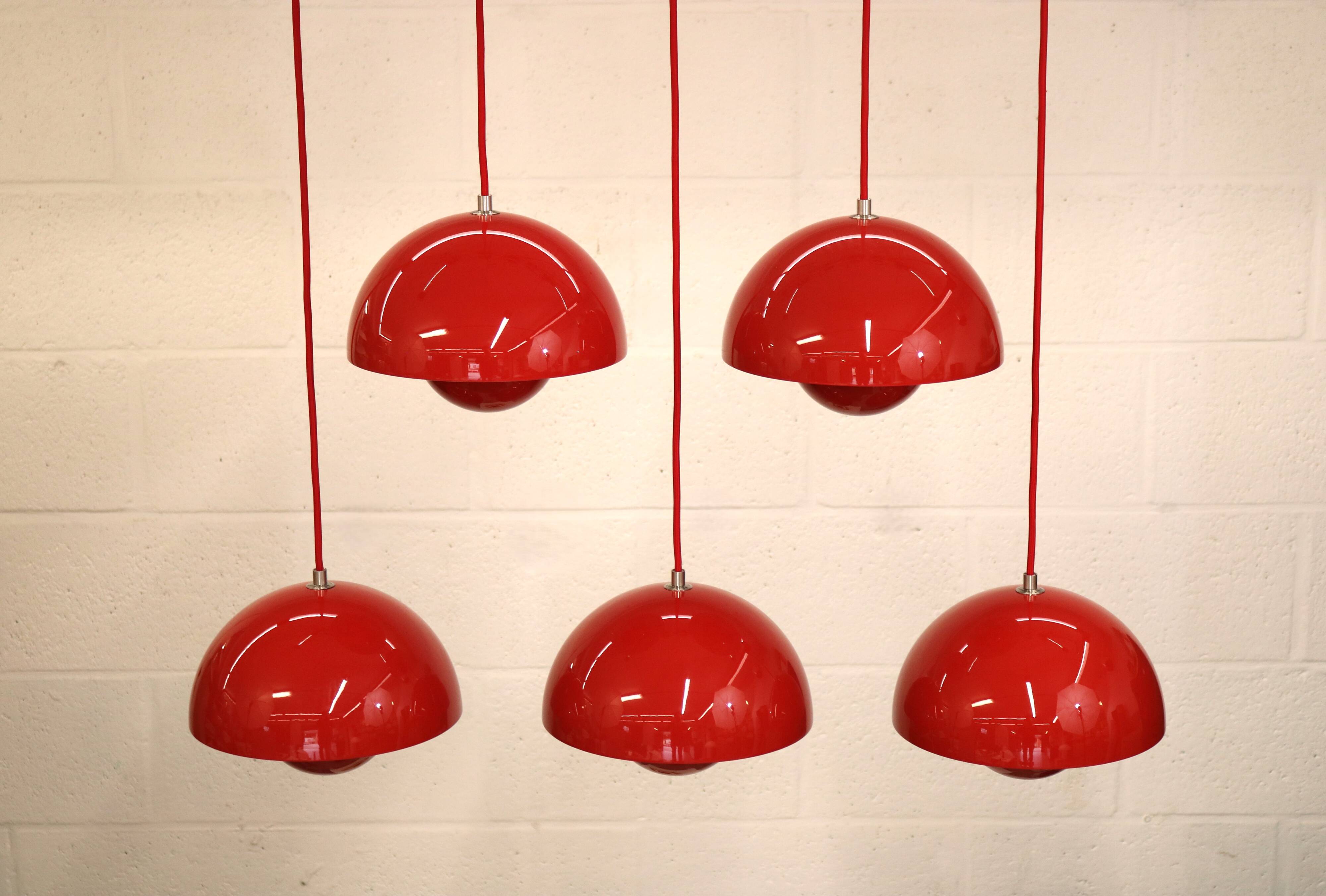 Iconic VP1 cherry red enamel flowerpot lamps designed by Verner Panton - &t