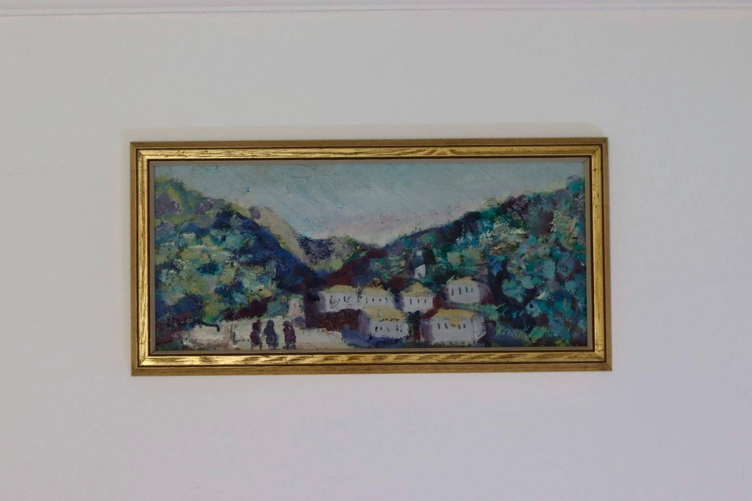 Original mid-century Swedish oil on panel "Village" by Bertil Wahlberg.