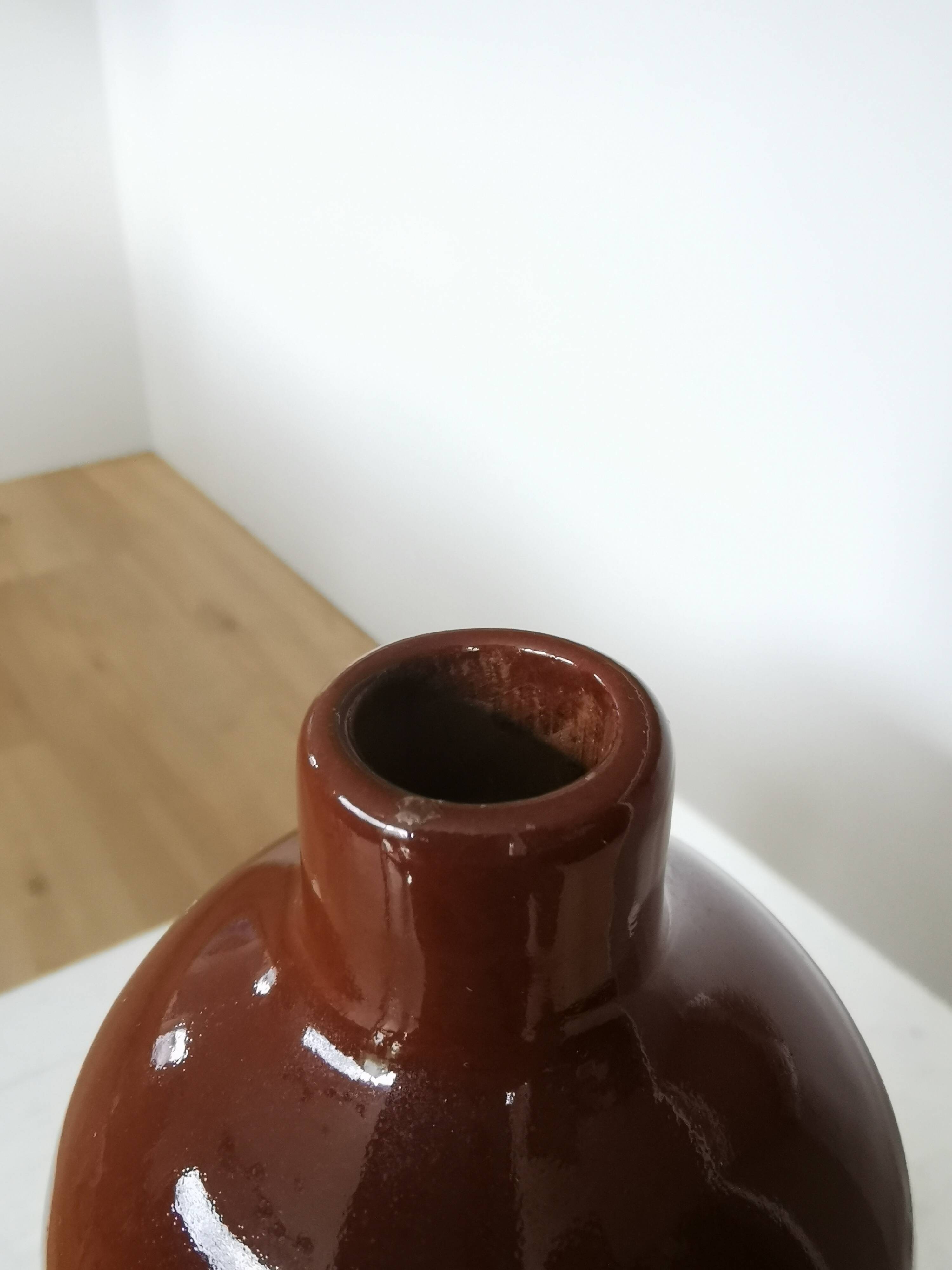 Vintage Brown Glazed Ceramic Vase: Tall Minimalist Bottle Form