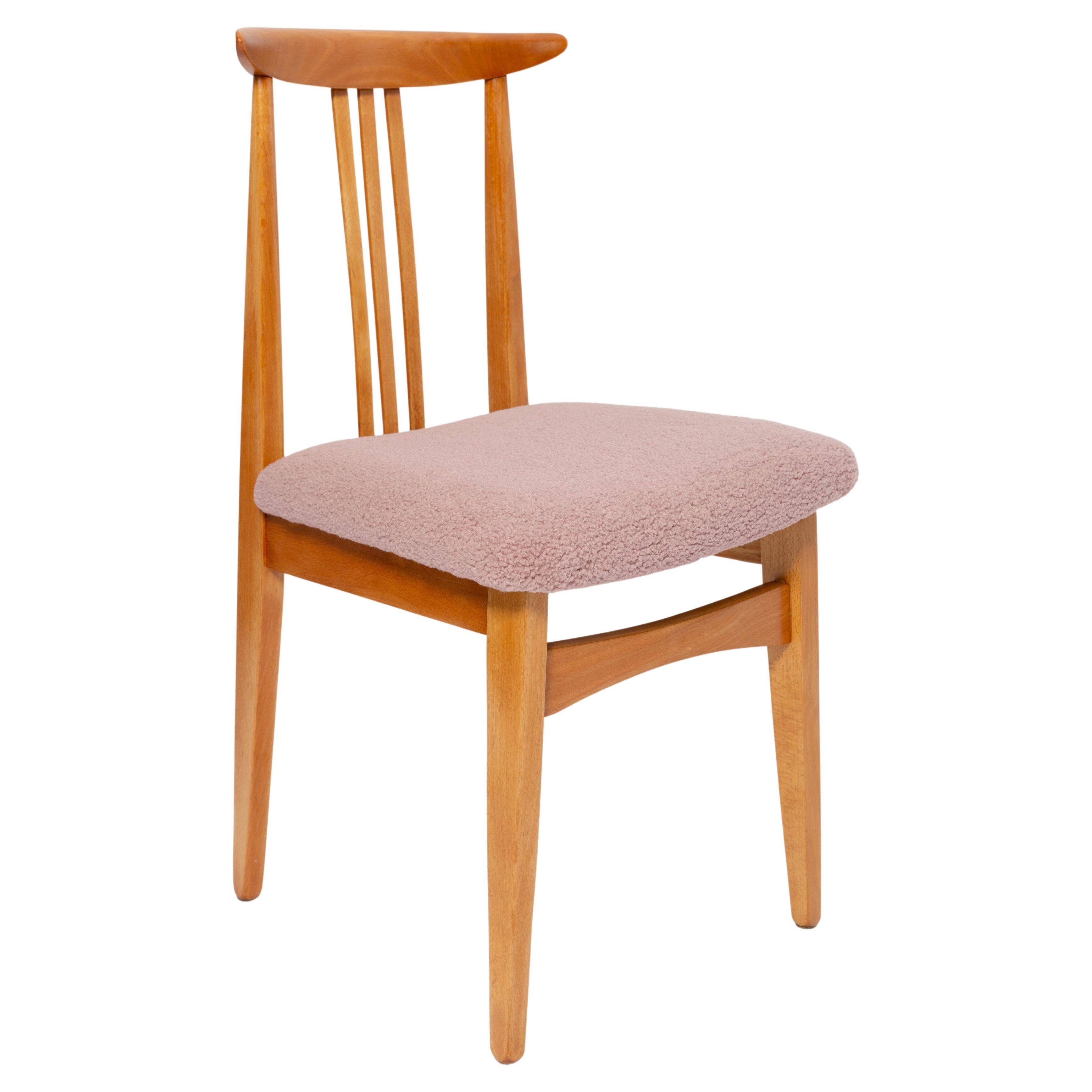 Blush pink bouclé chair mid-century in light wood by M. Zielinski, Europe, 1960s