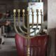 Golden bronze chandelier with seven arms, Menorah, candlestick on a stand, candelabrum.