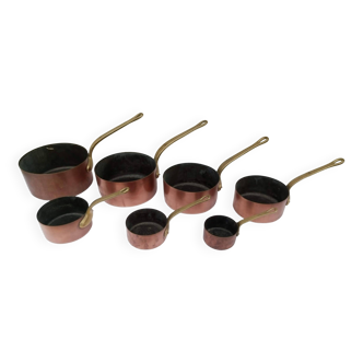 Set of 7 old tinned copper saucepans