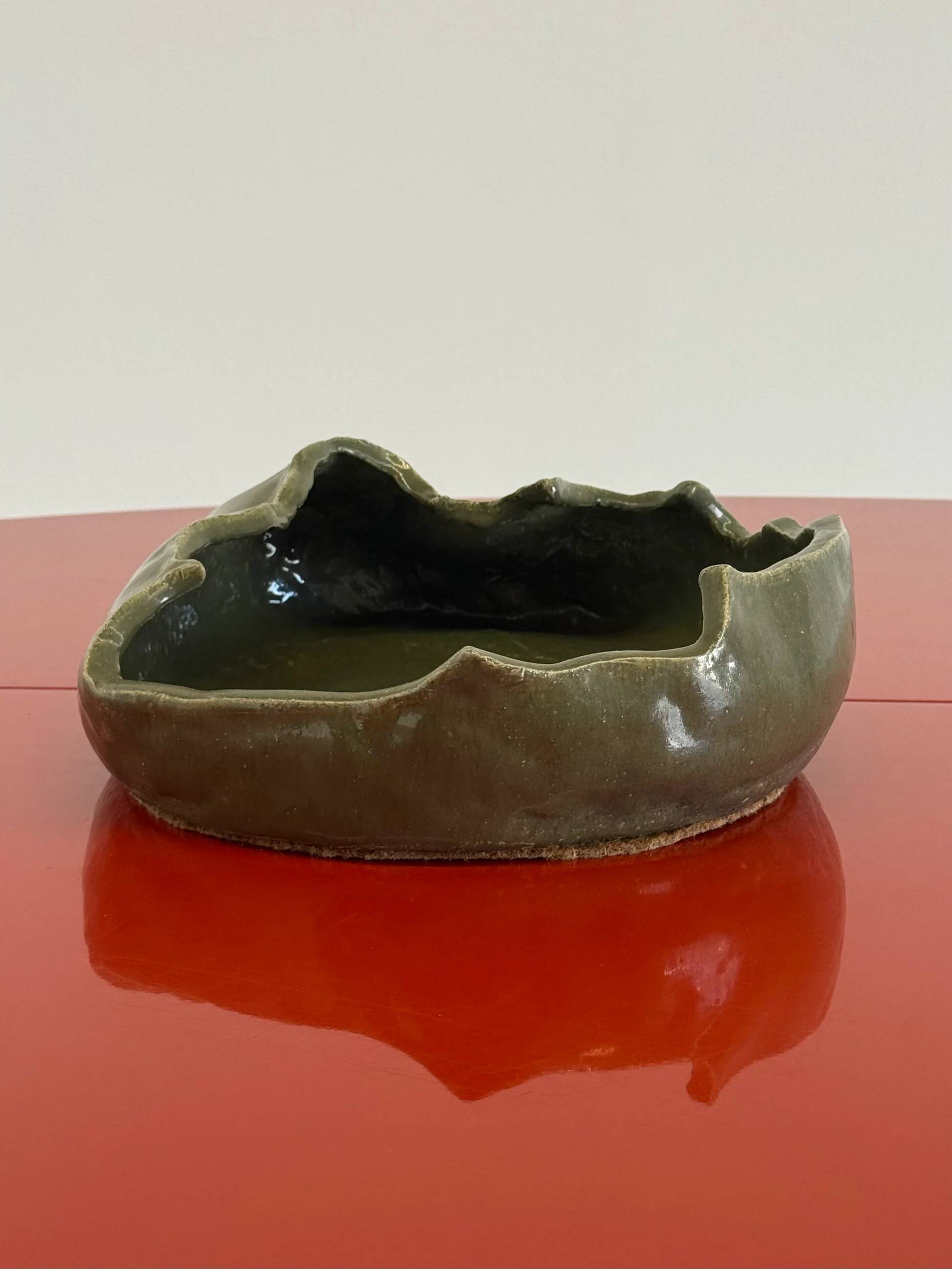 Vintage ceramic asymmetrical bowl in olive green