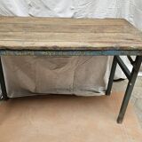 Folding workshop table in teak and wrought iron