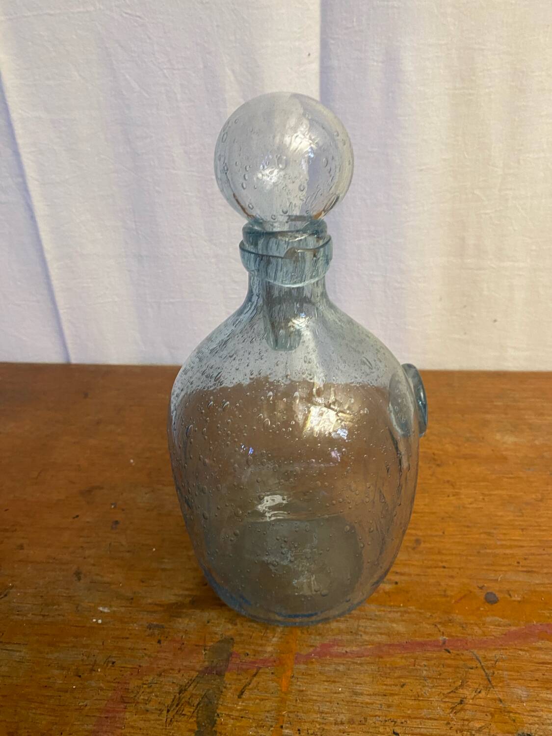 Antique Biot bottle blue bubble blown glass + vintage stopper
