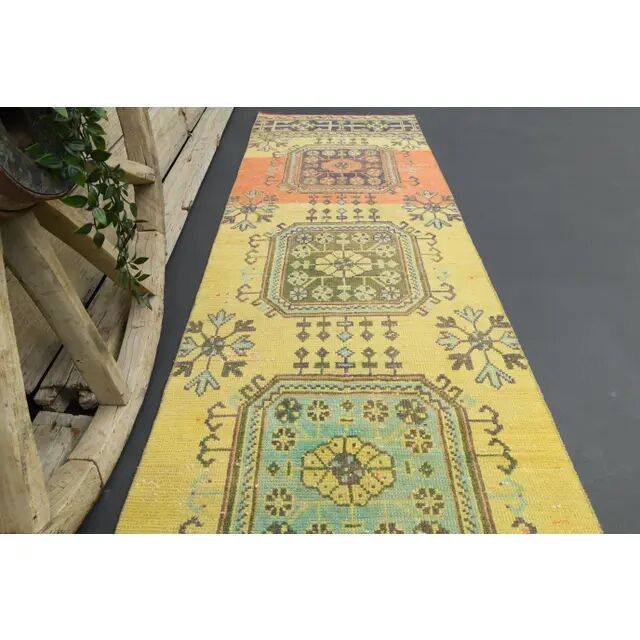 1970s Turkish Oushak Handmade Wool Cotton Yellow Runner 81x362