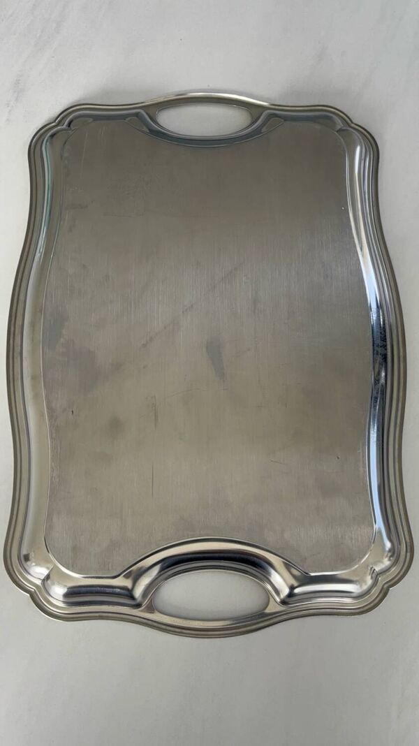 Plateau de service en inox – Plat métal argenté vintage design françai