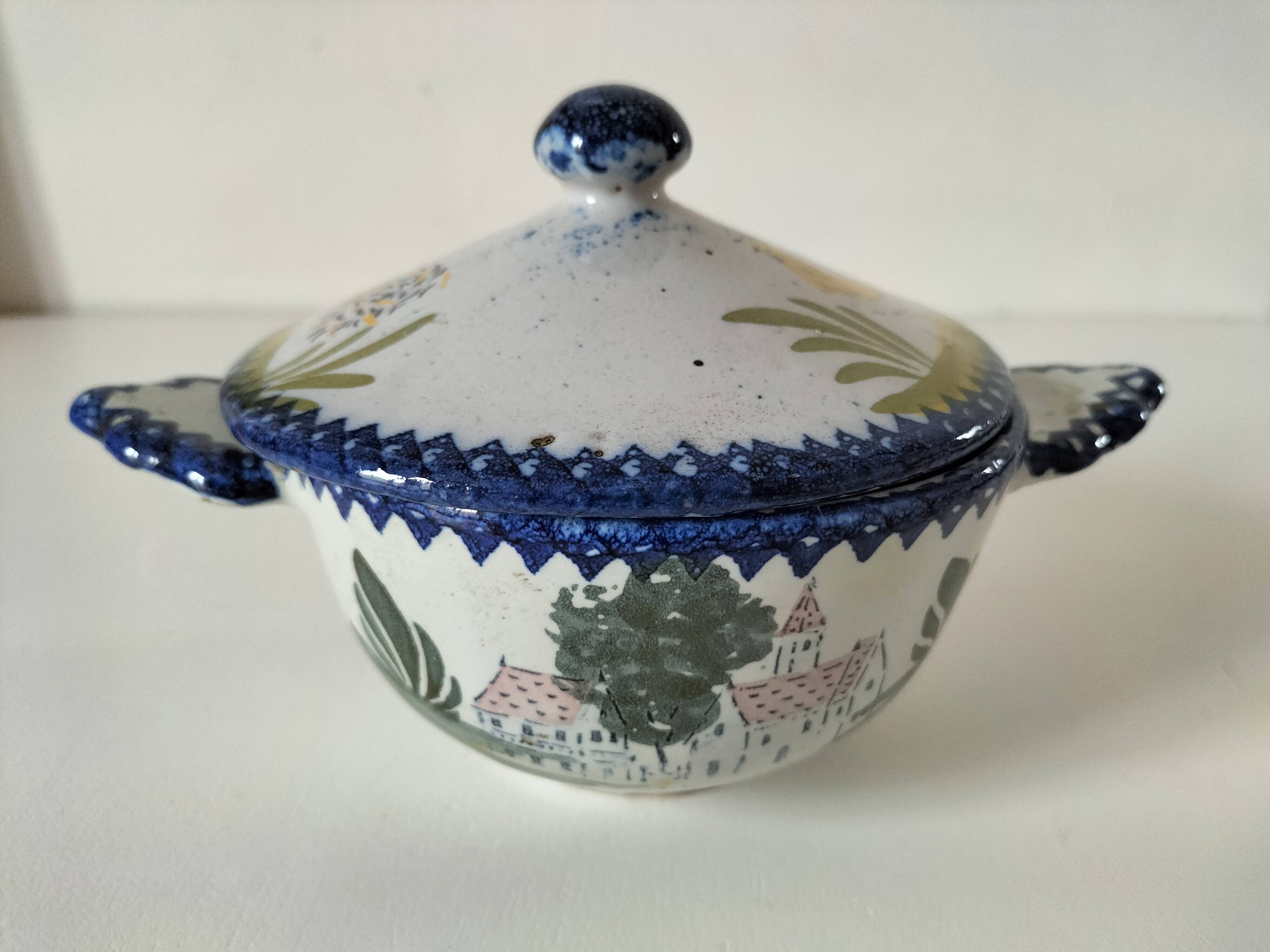 Earthenware bowl with lid from Charolles, village decoration.