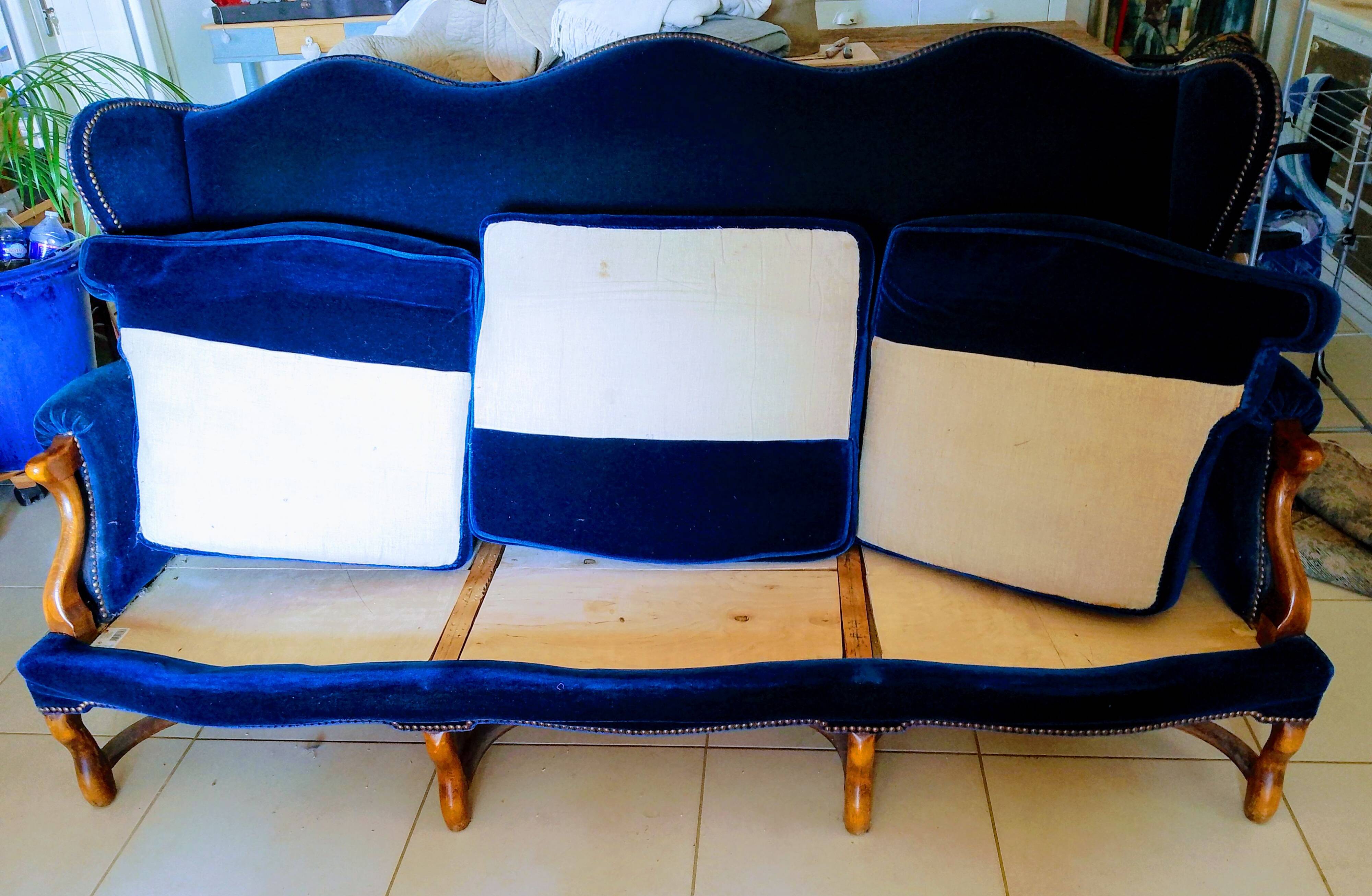 3 seater blue velvet sofa