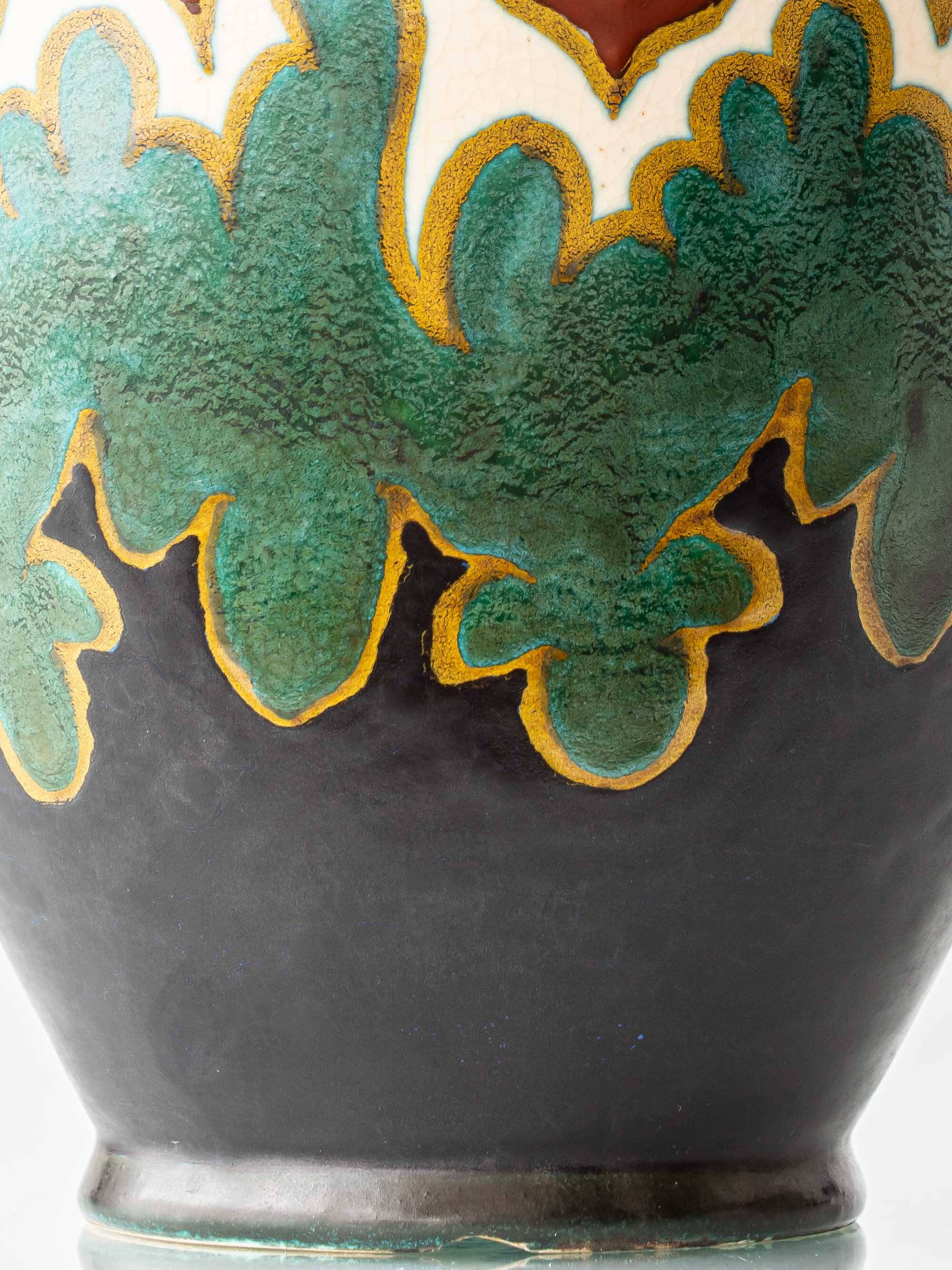 Gouda Pottery Table Lamps, Pair, Dutch Art Deco Floral, New Silk Shades