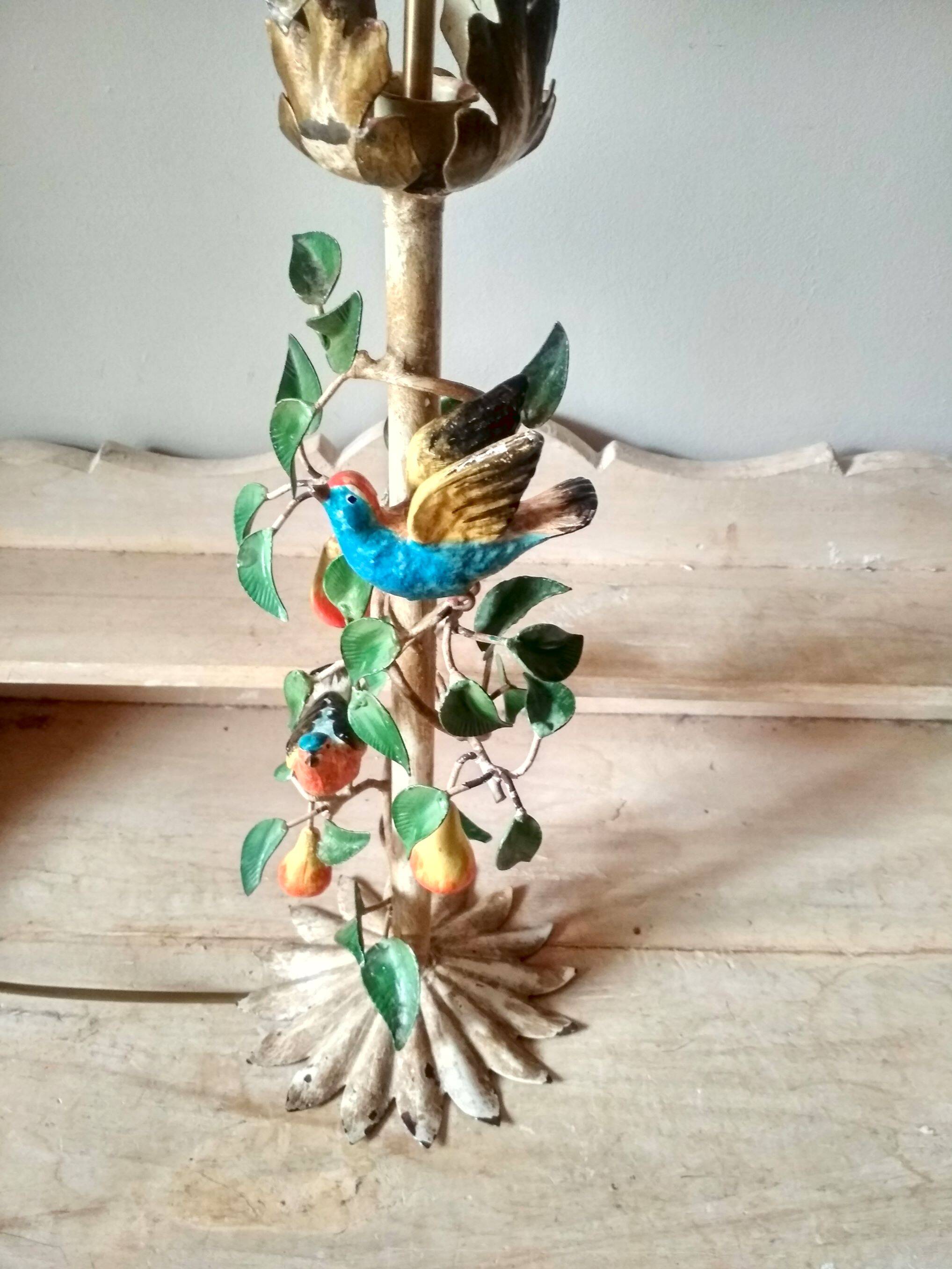 Painted metal candle holder lamp - wrought iron fruit and bird lamp base