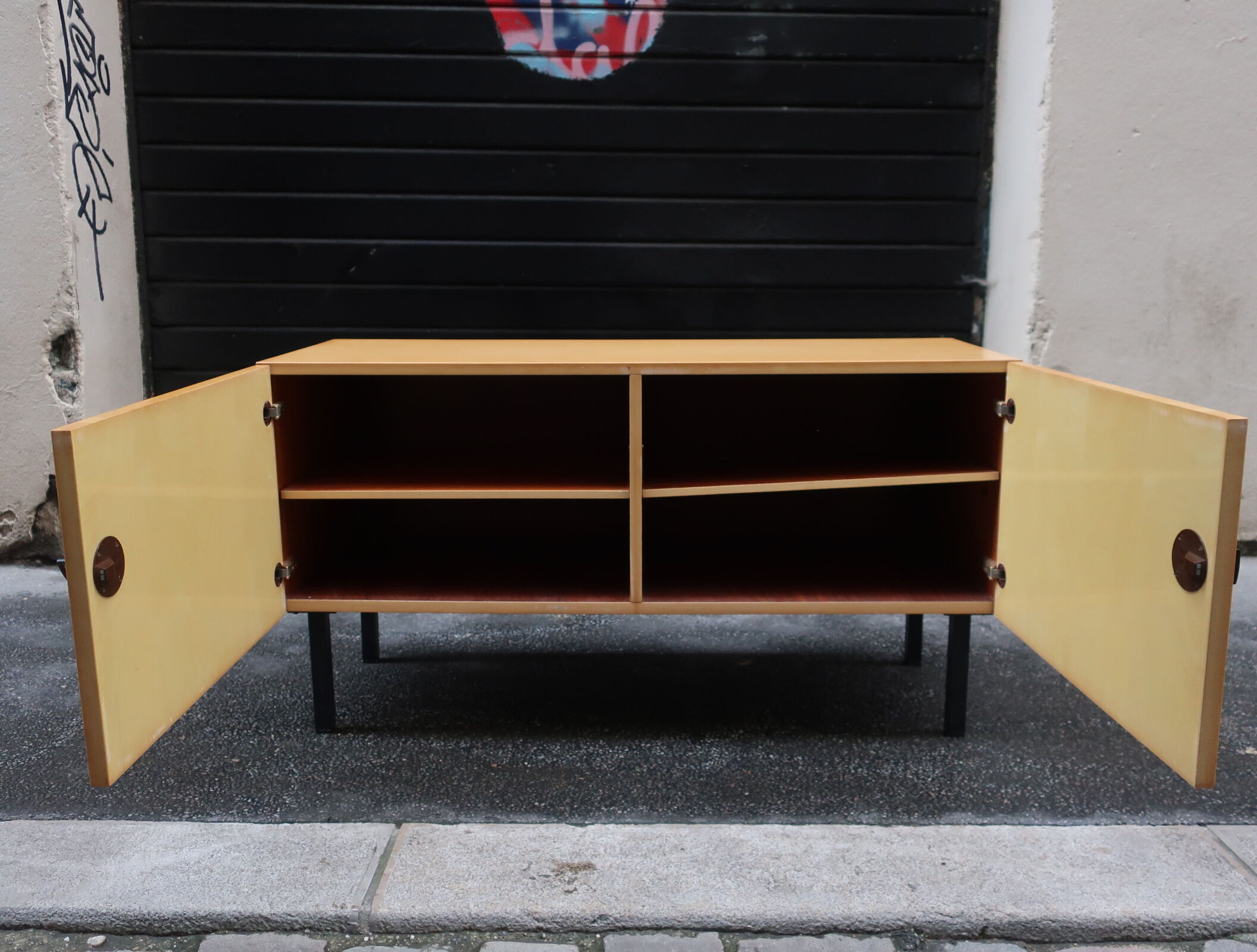 Wooden dresser in metal footing