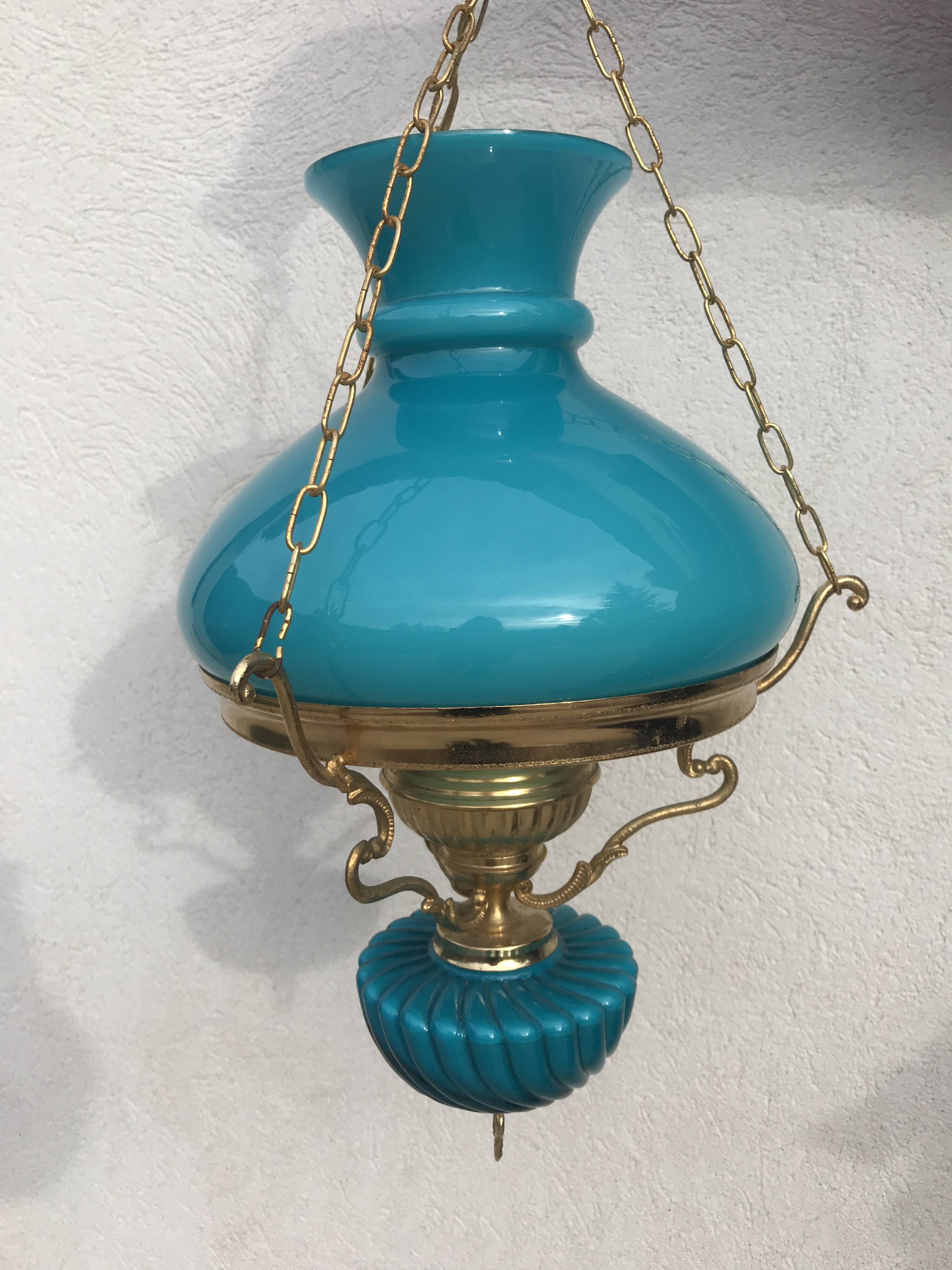 Pendant light in turquoise green opaline & brass