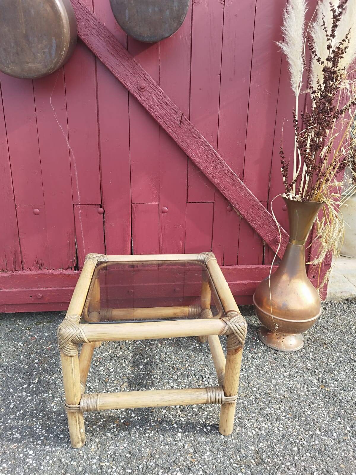 Small coffee or bedside table in rattan and vintage smoked glass