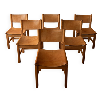Vintage Kotka Dining Chairs Tomas Jelinek IKEA, Pine Leather 1980s Set of 6