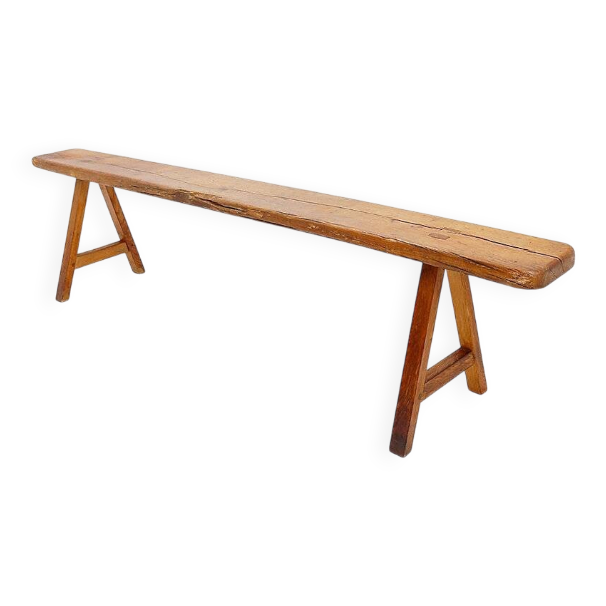 Banc rustique en bois massif de ferme avec pieds tréteaux - 1960s