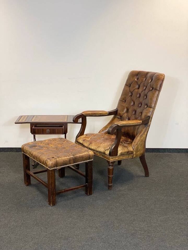 Antique Chesterfield Wing Chair with Stool and English Side Table
