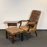 Antique Chesterfield Wing Chair with Stool and English Side Table