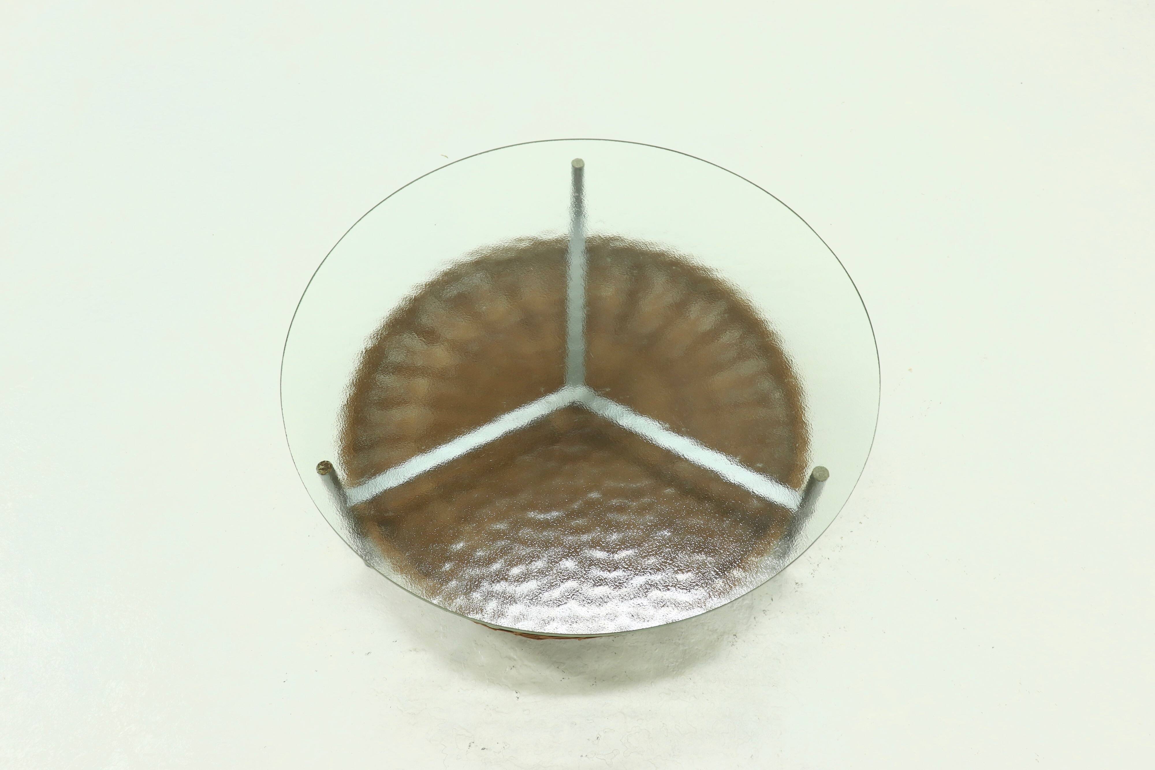 Round Coffee table with Rattan Magazine Rack and Glass Top 1960s