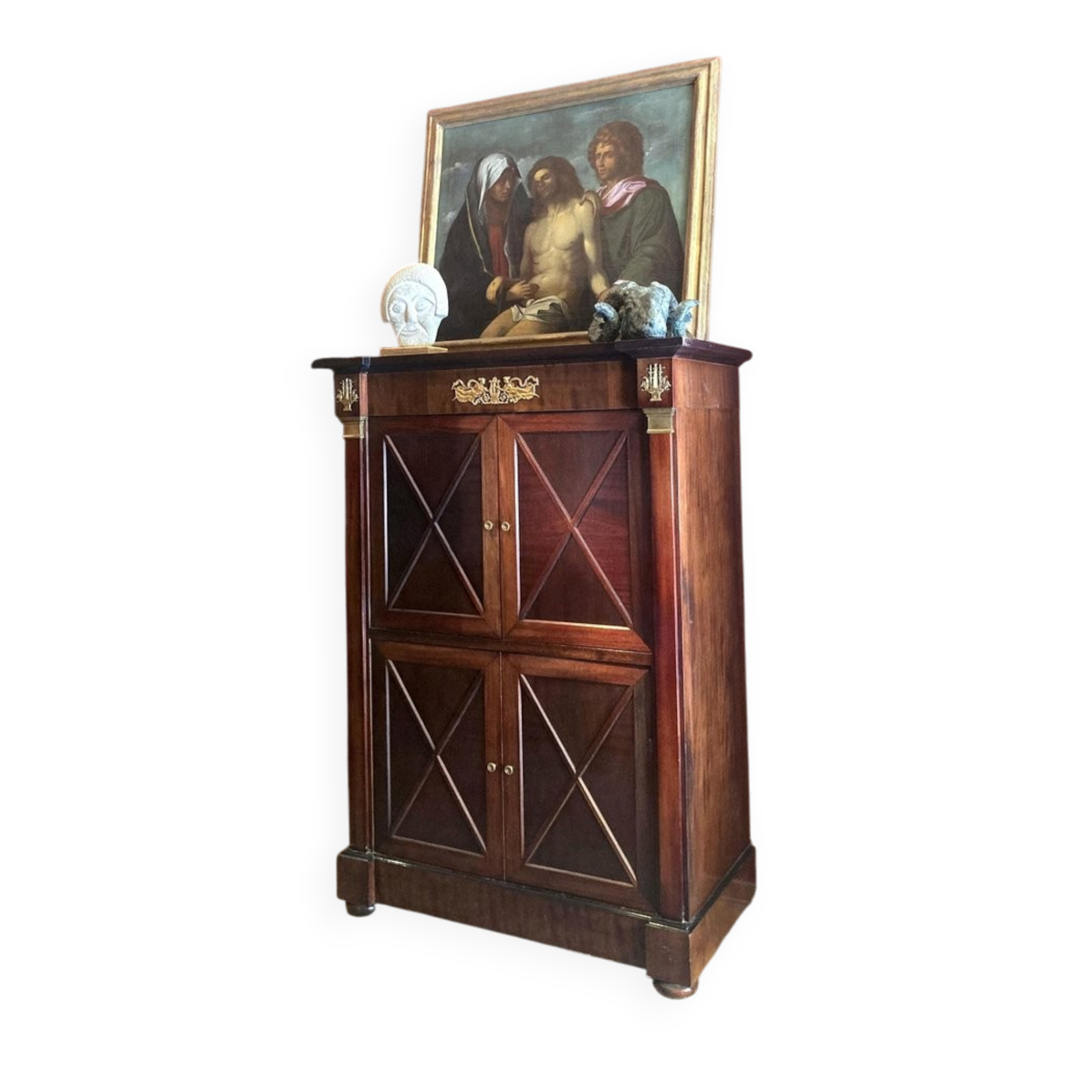 Cabinet, wardrobe or mahogany and ormolu wine bar in French Empire style with four doors.