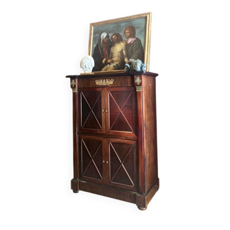 Cabinet, wardrobe or mahogany and ormolu wine bar in French Empire style with four doors.