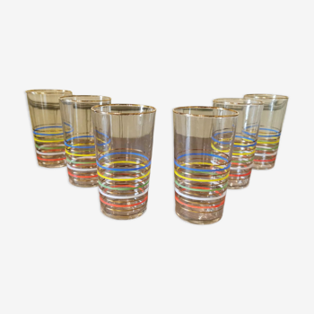 Suite of 6 vintage glasses with multicolored stripes